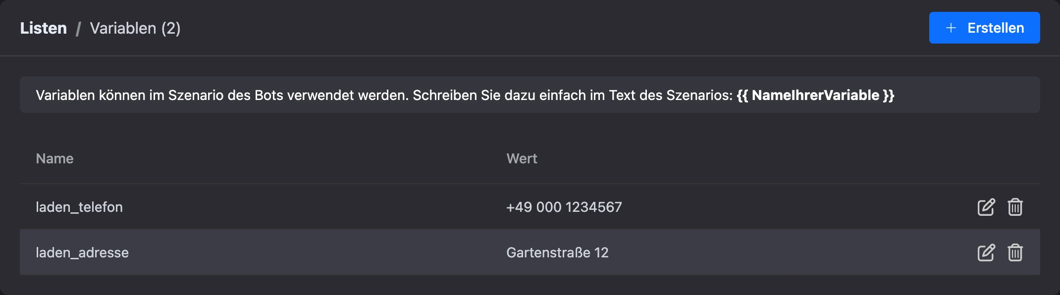 Seite der globalen Variablen des Bots