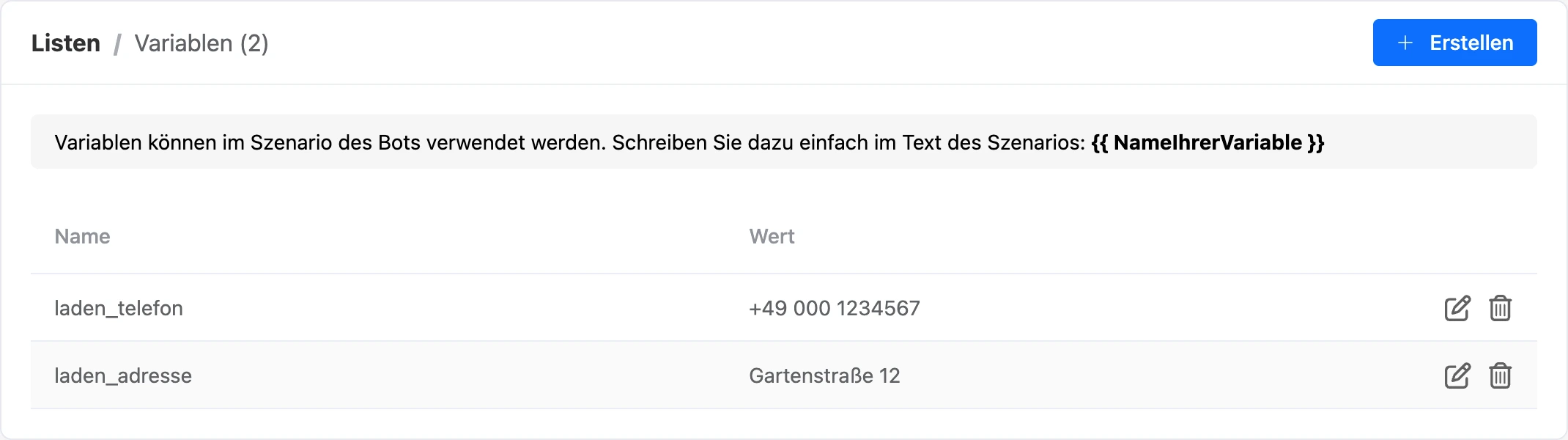 Seite der globalen Variablen des Bots