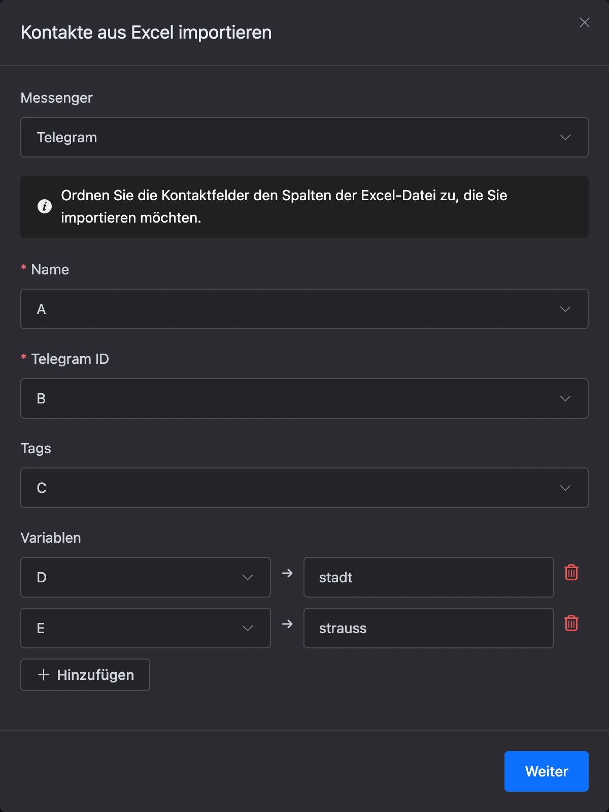Das Fenster „Kontakte aus Excel importieren“: Spalten für Name, Telegram-ID, Tags und Variablen
