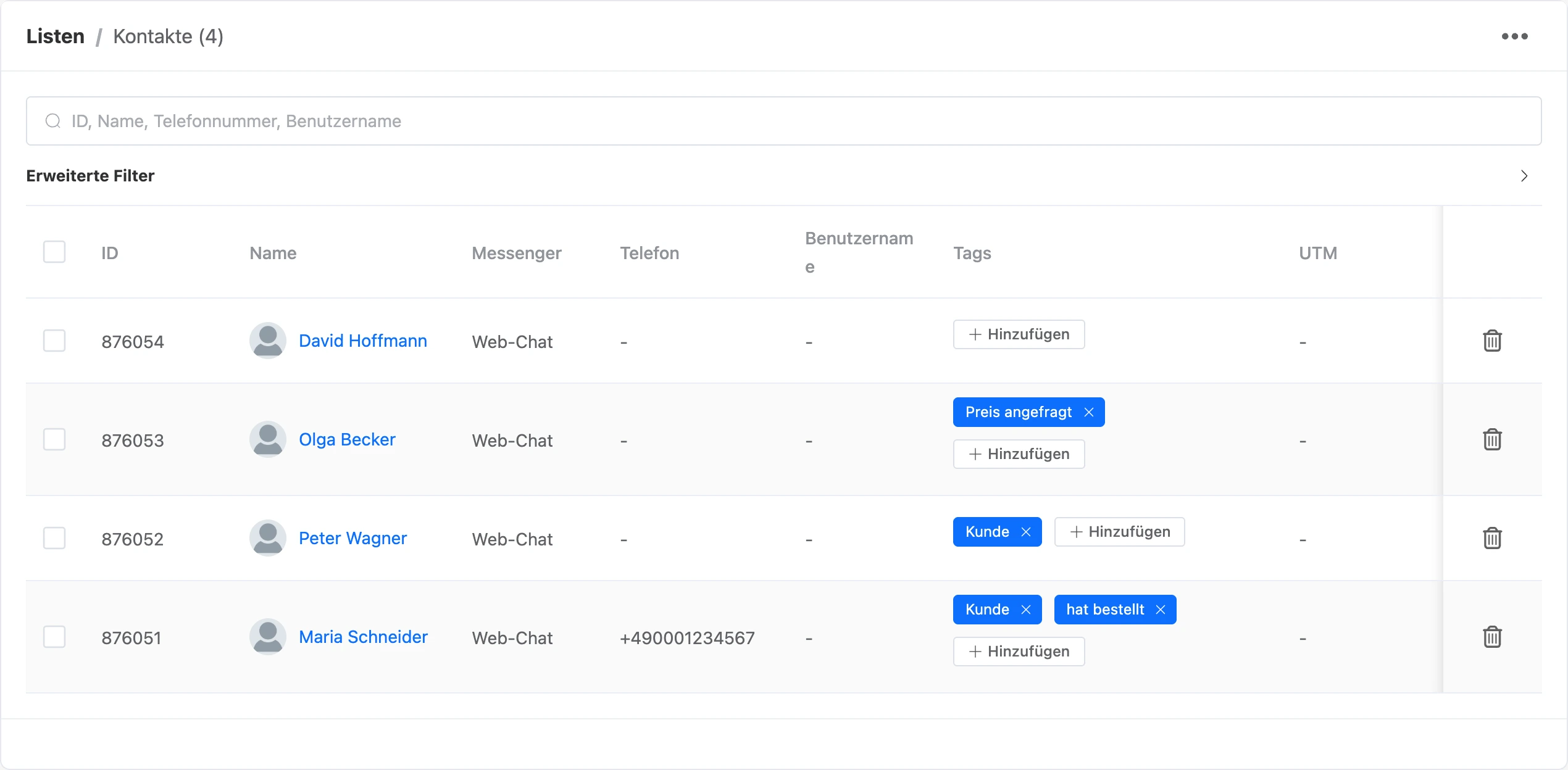 Kontaktliste des Bots: Suche, erweiterte Filter und Kontakttabelle mit Tags