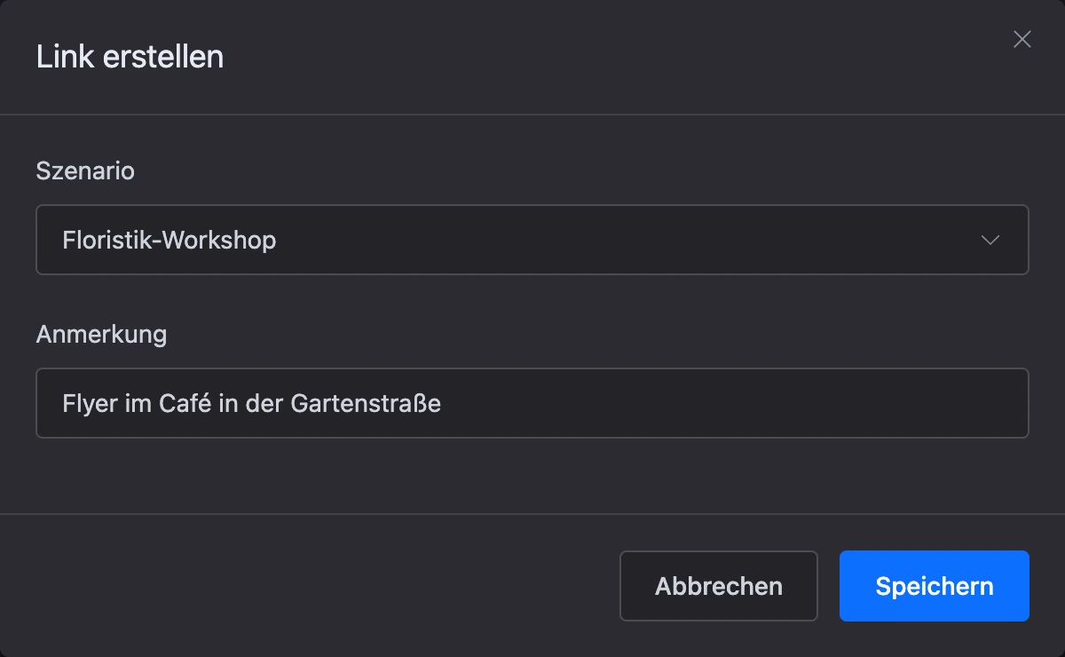 Fenster „Link erstellen“ mit gewähltem Szenario und Anmerkung