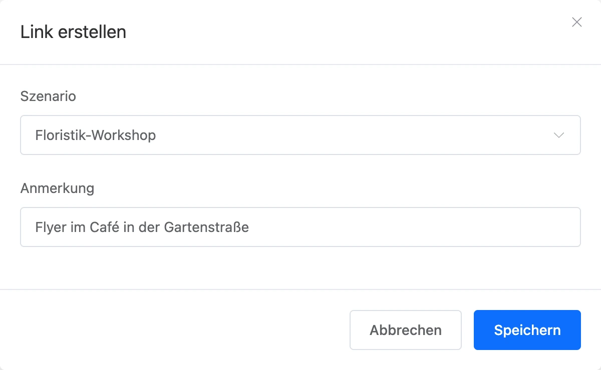 Fenster „Link erstellen“ mit gewähltem Szenario und Anmerkung