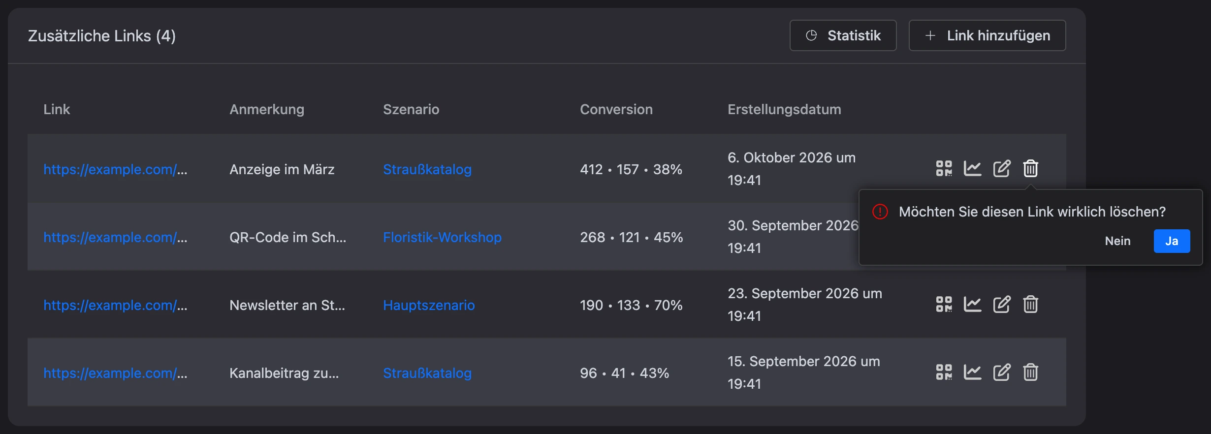 Bestätigung zum Löschen eines Links in der Tabellenzeile