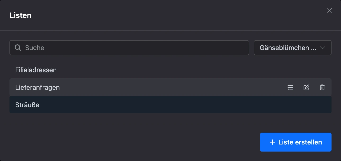 Fenster „Listen“ aus den Blockeinstellungen: Suche, Bot-Auswahl, gewählte Liste und Zeilensymbole