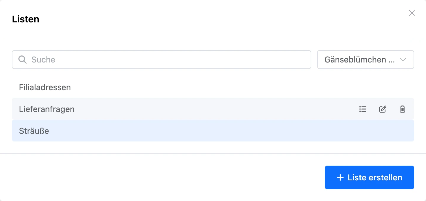 Fenster „Listen“ aus den Blockeinstellungen: Suche, Bot-Auswahl, gewählte Liste und Zeilensymbole
