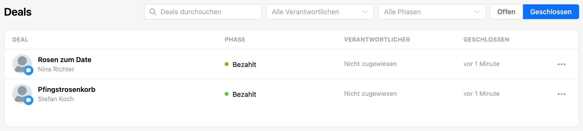 Geschlossene Deals mit der Spalte „Geschlossen“