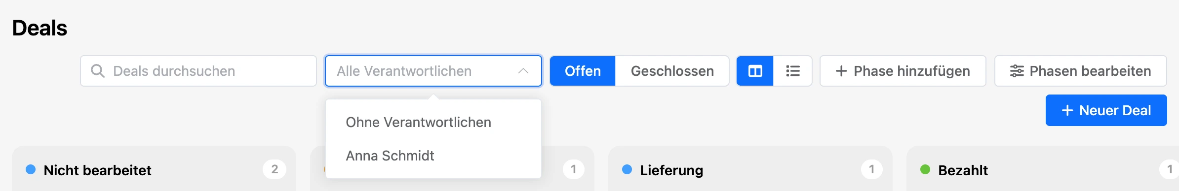 Deal-Suche und Auswahl des Verantwortlichen über dem Board