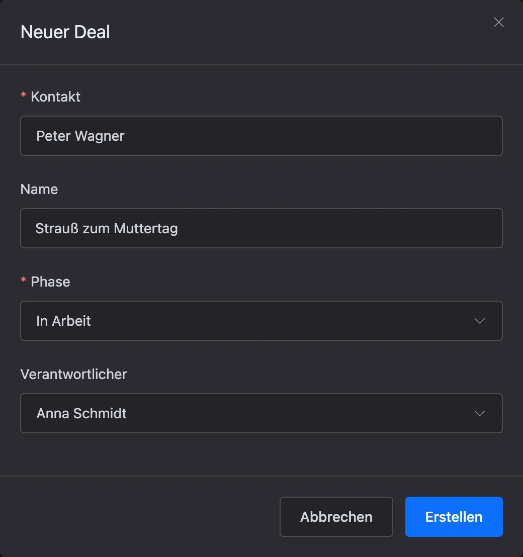 Fenster „Neuer Deal“: Kontakt, Name, Phase und Verantwortlicher