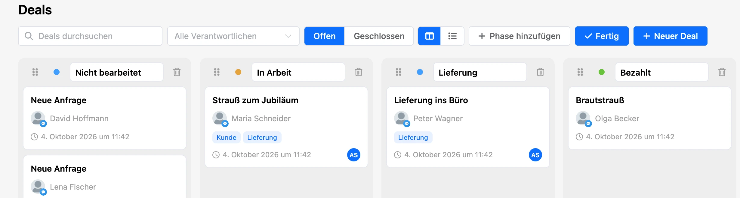 Phasen einrichten: Ziehgriff, Farbe, Name und Löschen in den Spaltenköpfen