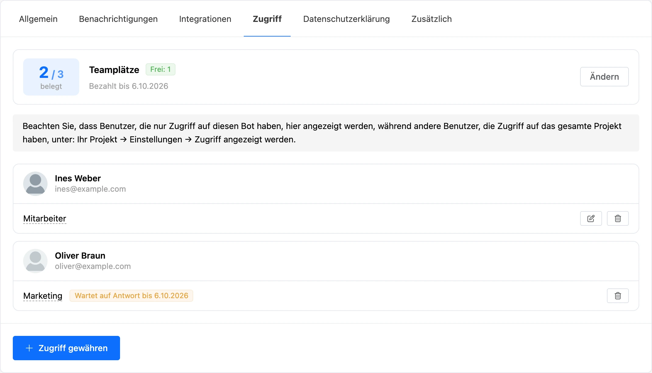 Registerkarte „Zugriff“: Teamplätze, ein Mitarbeiter mit Rolle und eine offene Einladung