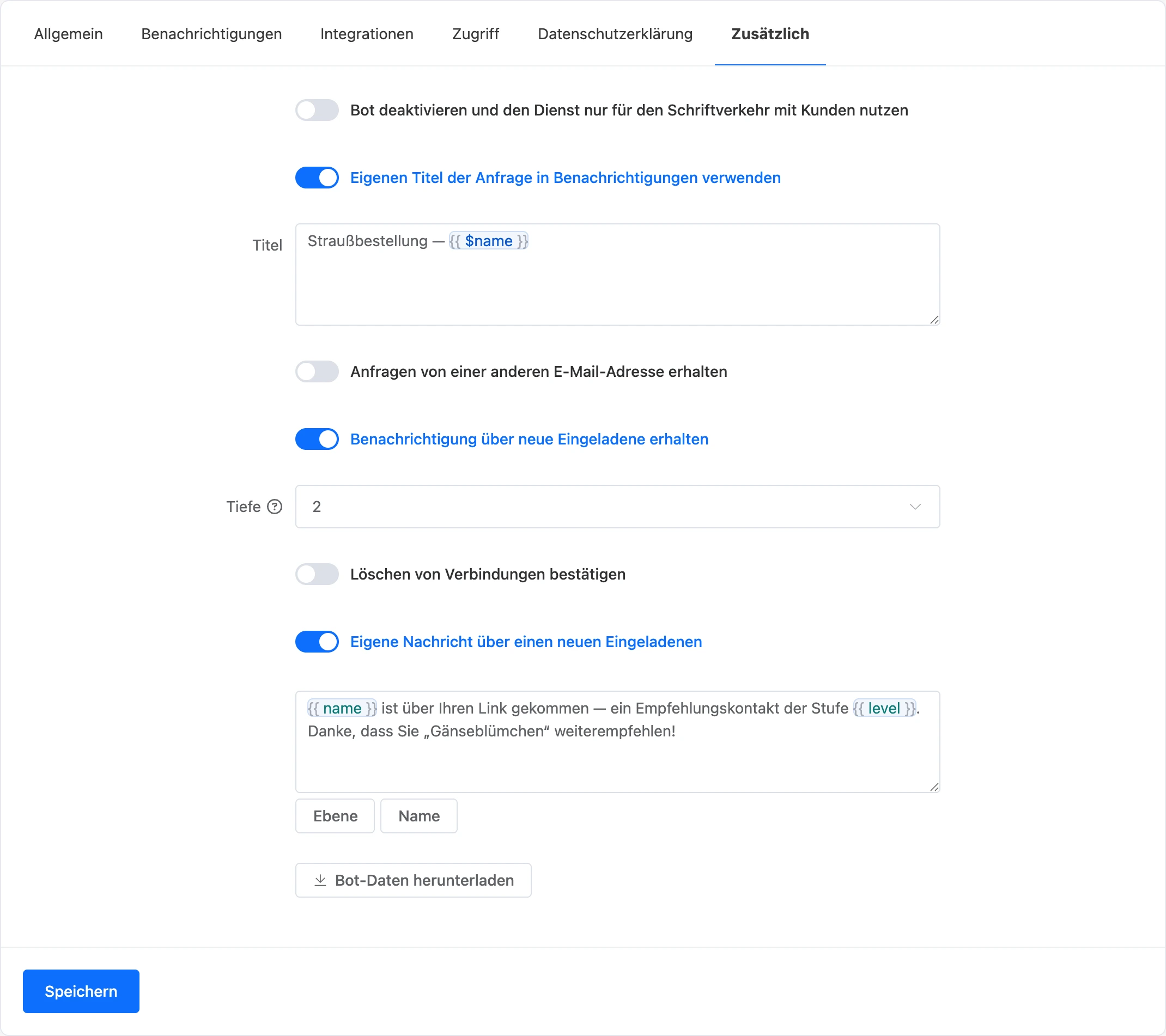 Tab „Zusätzlich“ mit eigenem Anfragetitel und Nachricht über neue Eingeladene