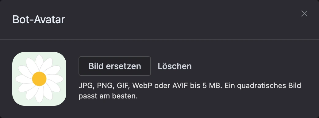 Fenster für das Bot-Avatar: Bild mit den Schaltflächen „Bild ersetzen“ und „Löschen“