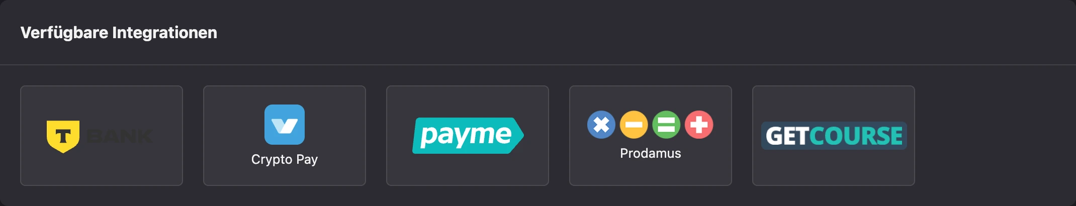 Liste der möglichen Integrationen im Tab Integrationen