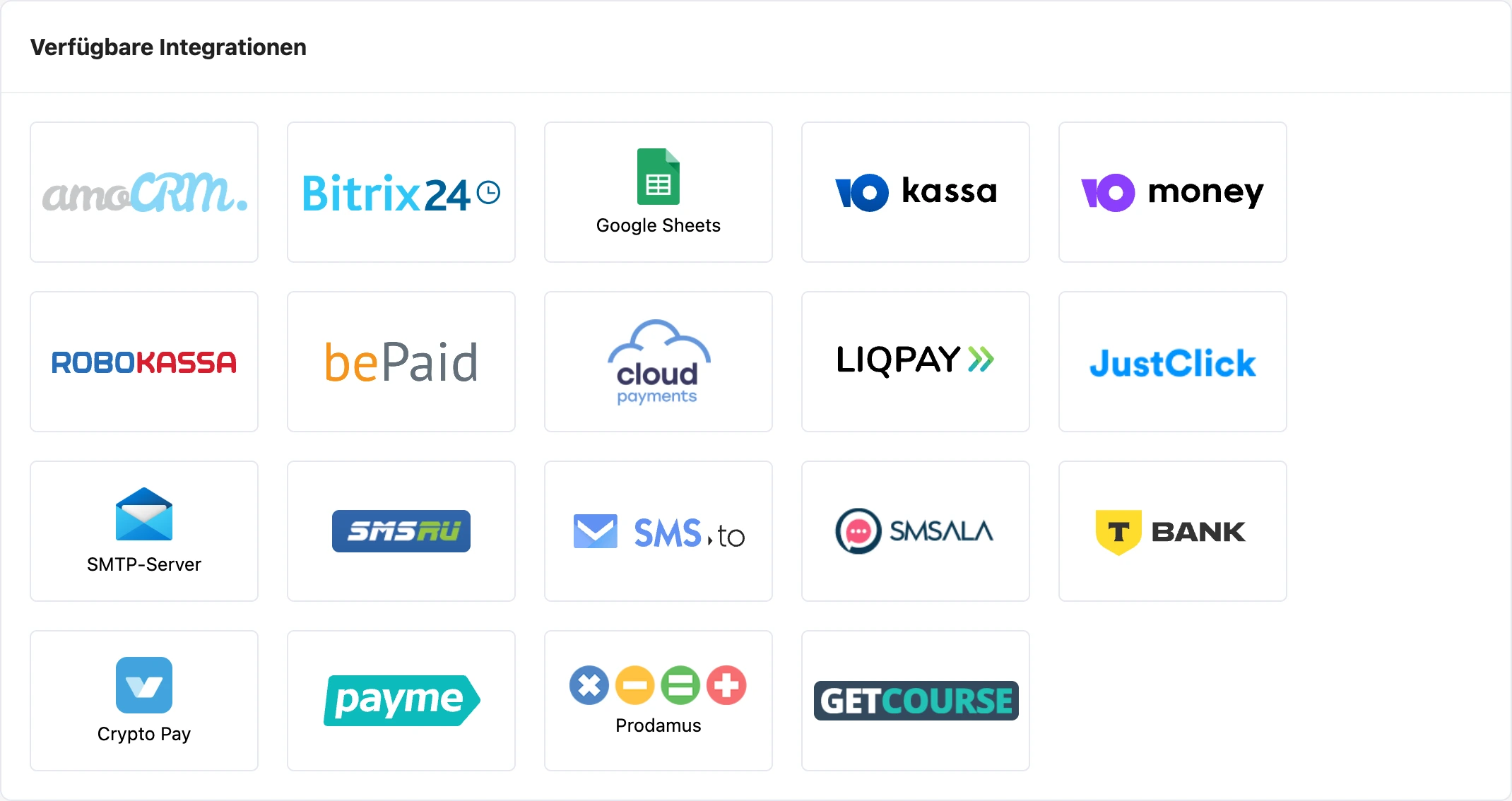 Liste der möglichen Integrationen im Tab Integrationen