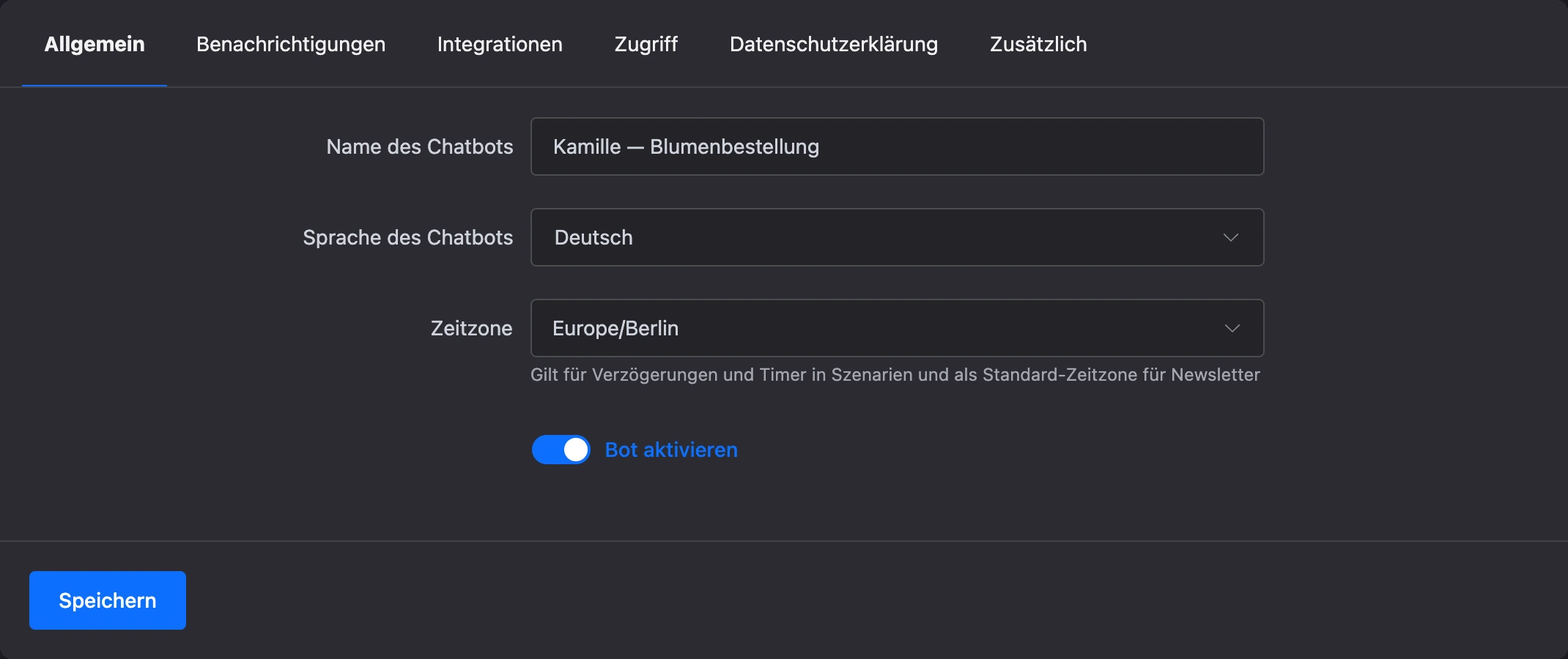 Tab mit den Haupteinstellungen des Bots