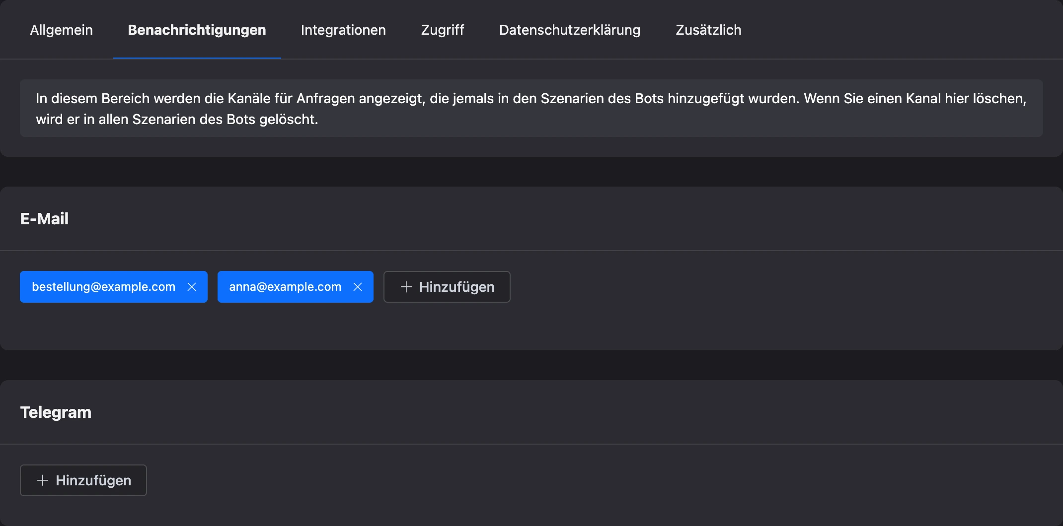 Tab „Benachrichtigungen“: E-Mail-Adressen und die Karte für Messenger-Chats