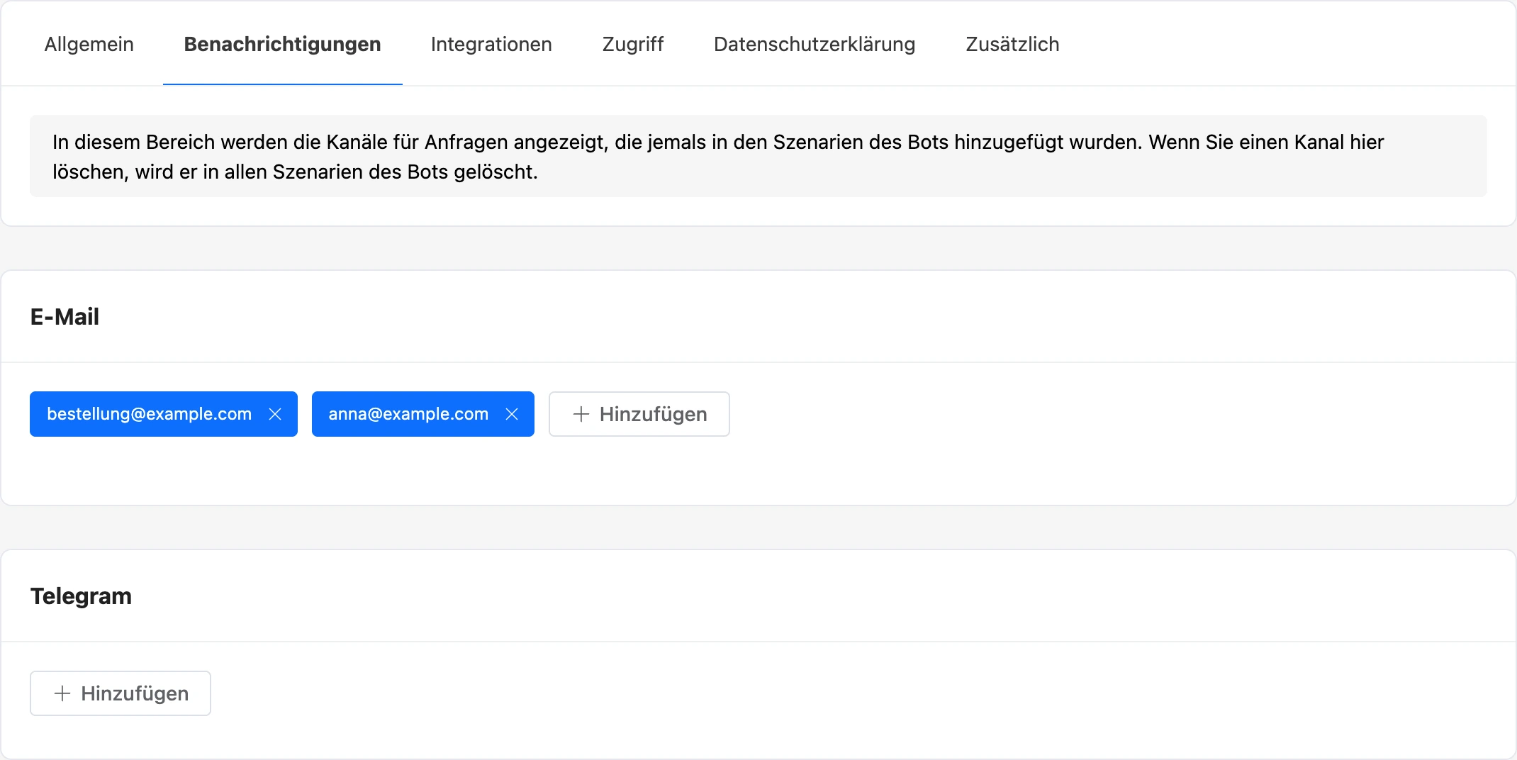 Tab „Benachrichtigungen“: E-Mail-Adressen und die Karte für Messenger-Chats