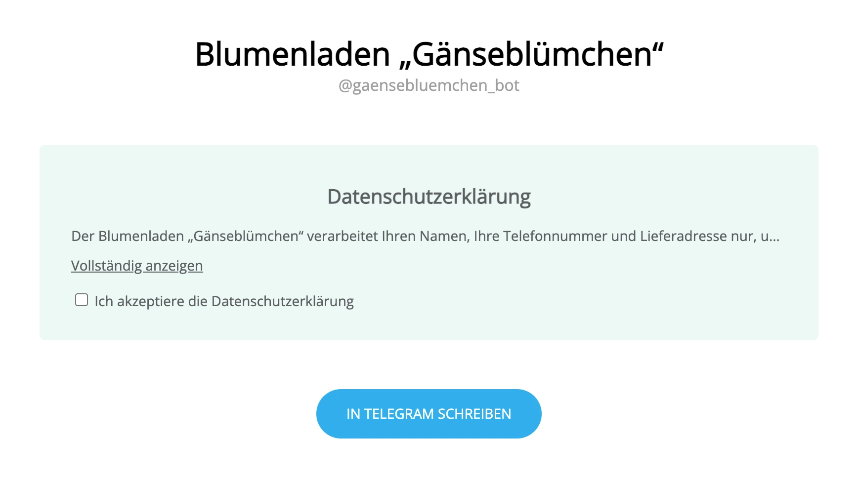 Weiterleitungsseite mit Zustimmung per Häkchen