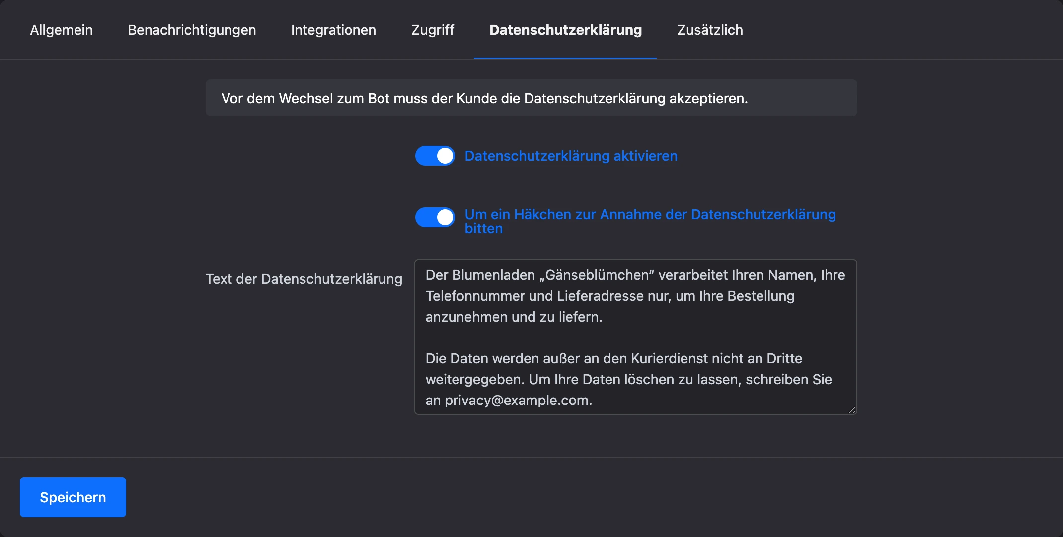Tab „Datenschutzerklärung“ mit eingeschalteter Erklärung, Häkchen und Text