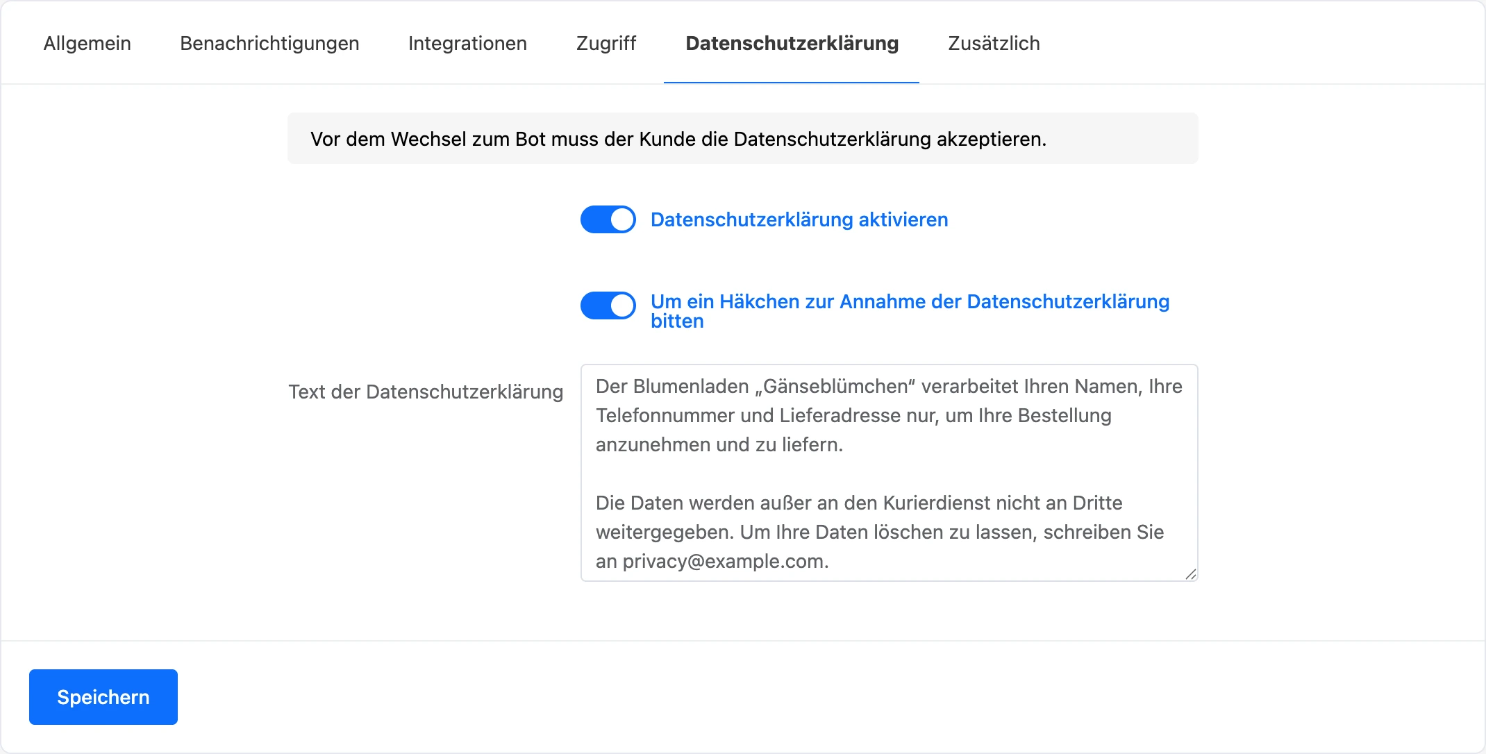 Tab „Datenschutzerklärung“ mit eingeschalteter Erklärung, Häkchen und Text