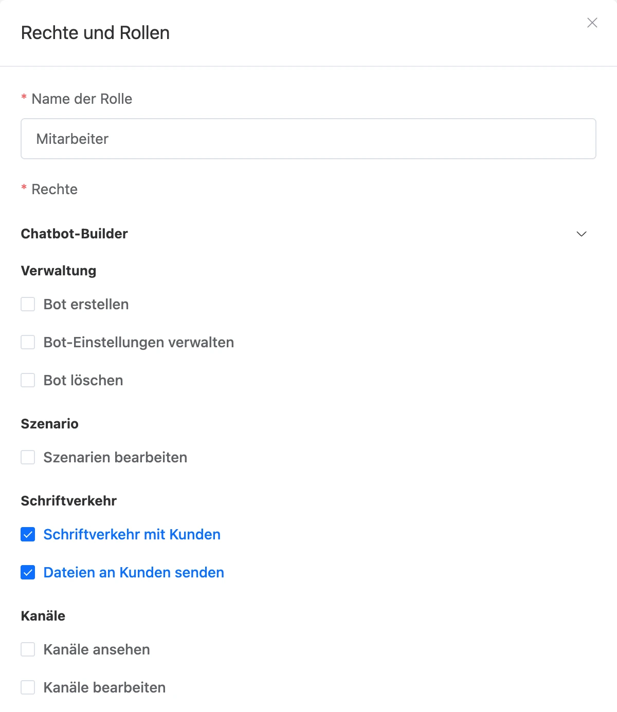 Fenster einer neuen Rolle mit markierten Rechten für die Korrespondenz