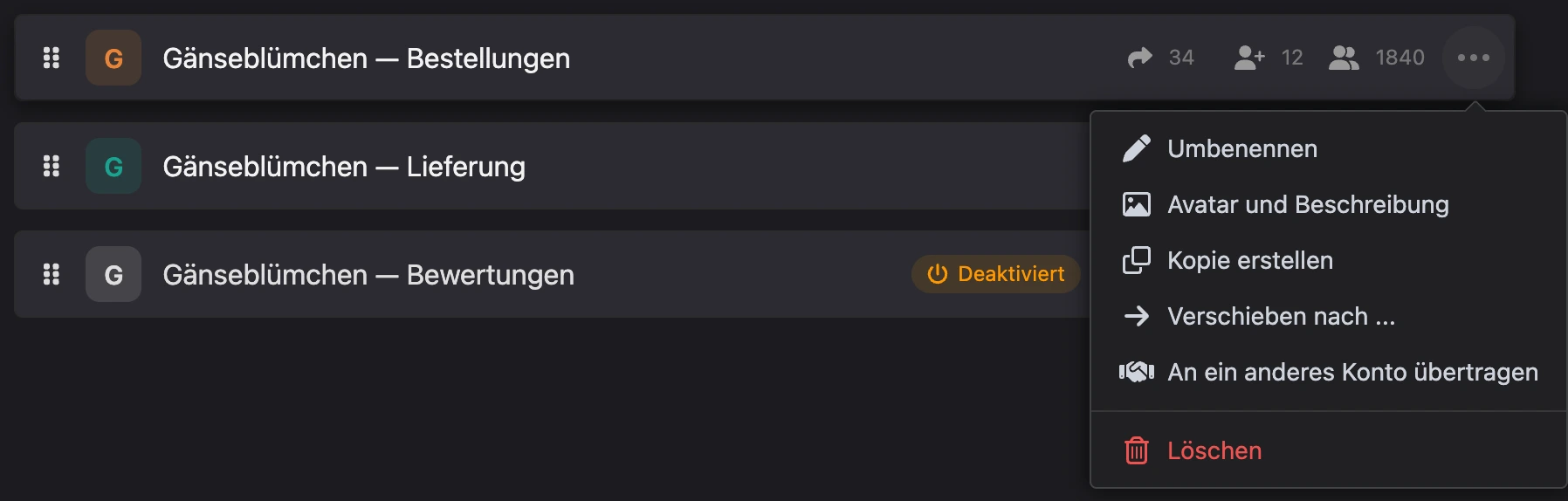 Geöffnetes Menü „⋯“ in der Zeile eines Bots