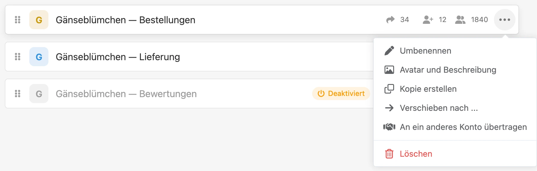 Geöffnetes Menü „⋯“ in der Zeile eines Bots