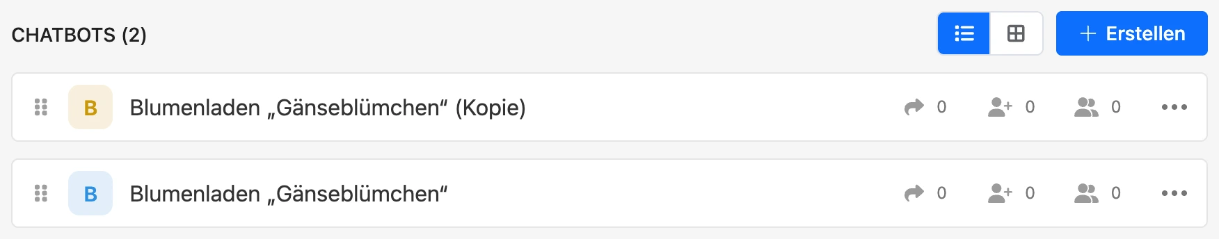 Bot-Liste: ein Bot und seine Kopie