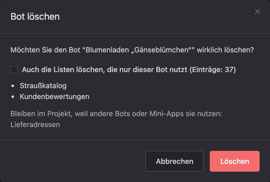 Bestätigung zum Löschen eines Bots