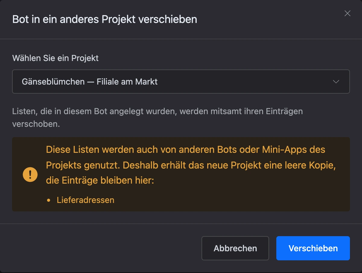 Fenster „Bot in ein anderes Projekt verschieben“ mit ausgewähltem Projekt