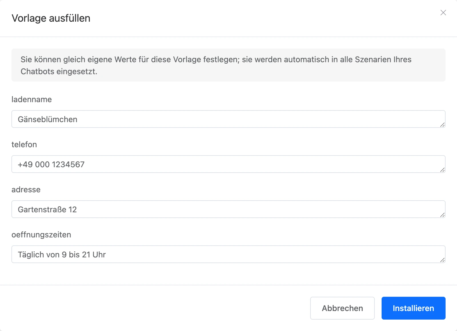 Fenster „Vorlage ausfüllen“ mit eigenen Werten
