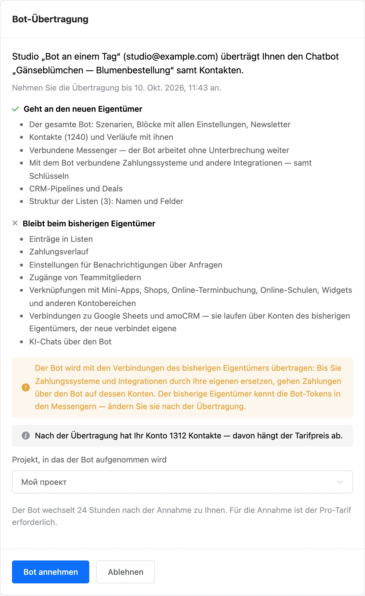 Seite „Bot-Übertragung“ beim Empfänger: was übergeht, Projekt und die Schaltflächen „Bot annehmen“ und „Ablehnen“