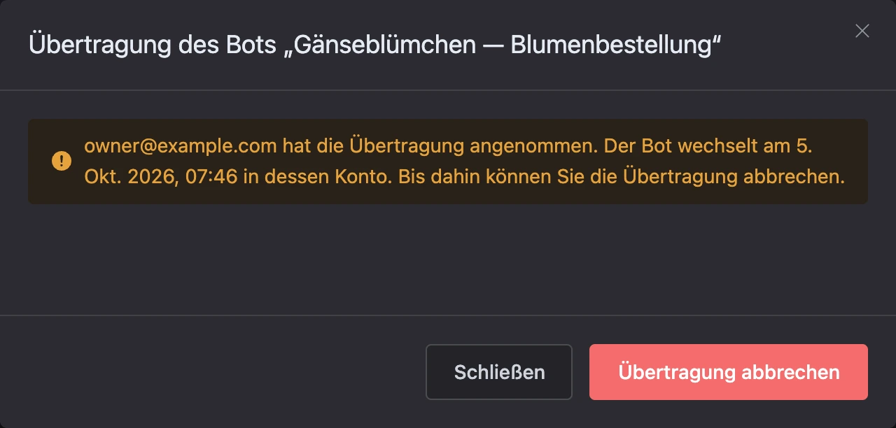Übertragungsfenster nach Annahme durch den Empfänger mit der Schaltfläche „Übertragung abbrechen“