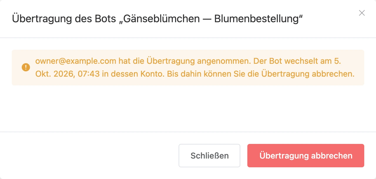 Übertragungsfenster nach Annahme durch den Empfänger mit der Schaltfläche „Übertragung abbrechen“