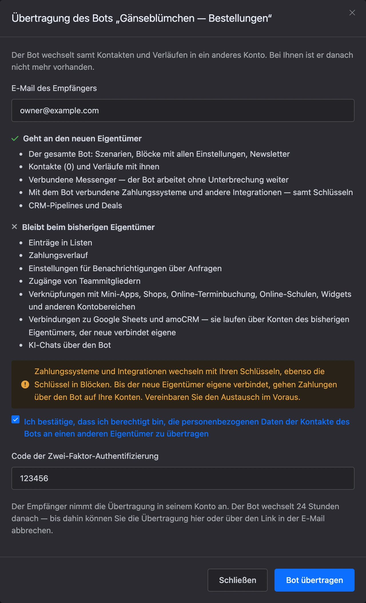 Fenster der Bot-Übertragung: E-Mail des Empfängers, was übergeht und was bleibt, Zustimmung und Code