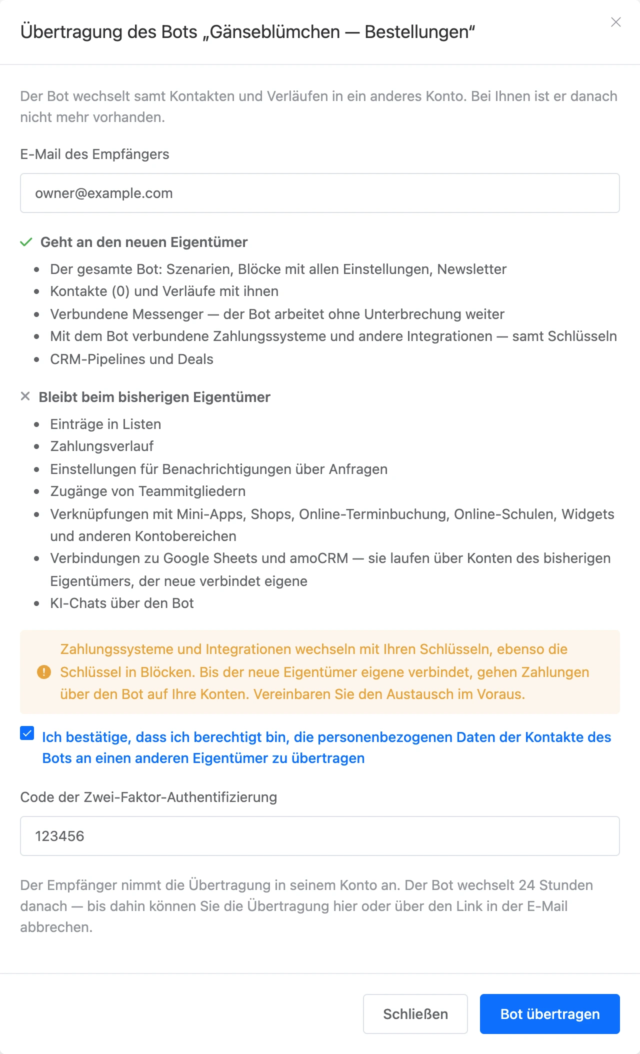 Fenster der Bot-Übertragung: E-Mail des Empfängers, was übergeht und was bleibt, Zustimmung und Code
