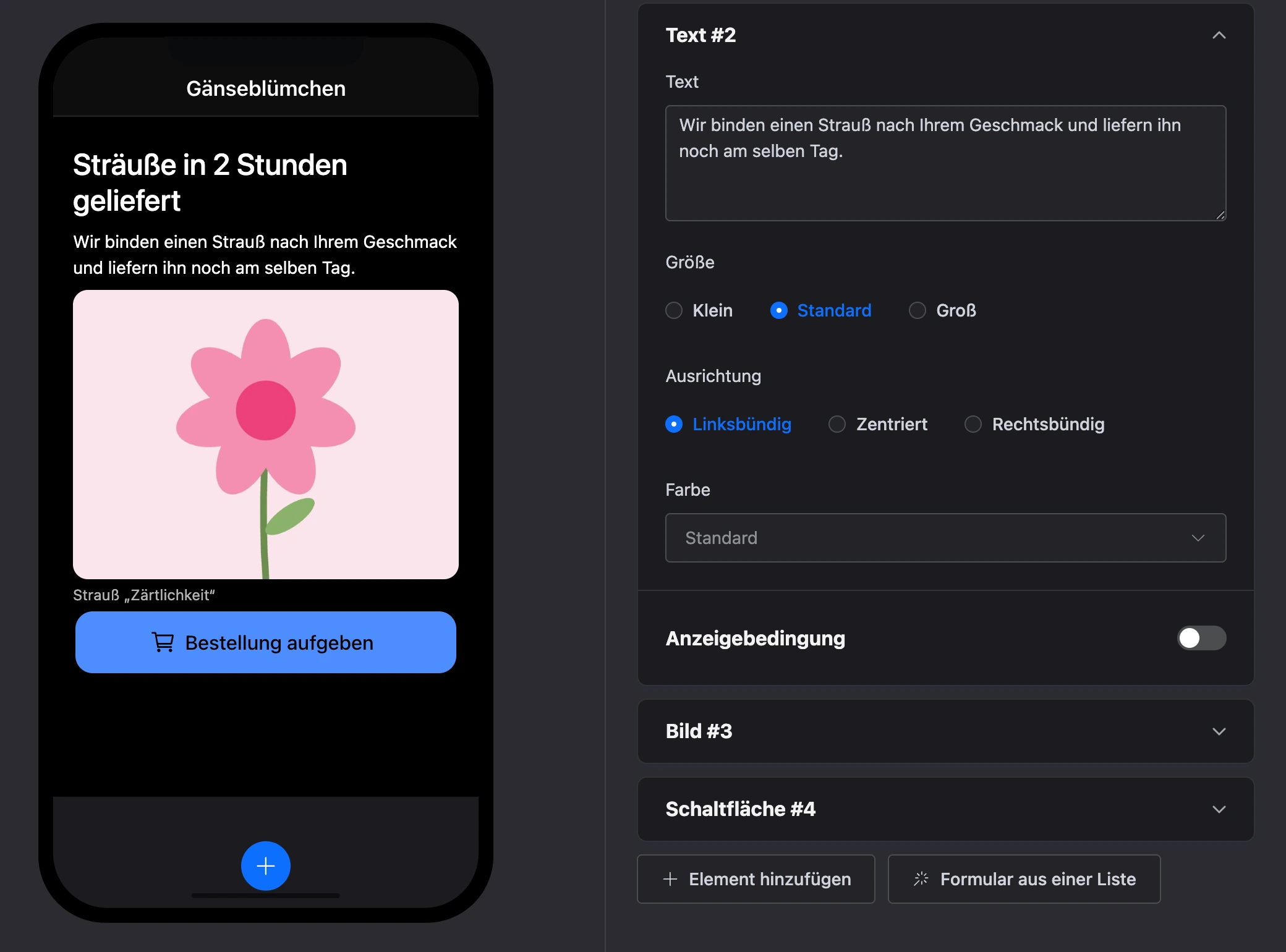 Element „Text“: Absatz auf dem Bildschirm und seine Einstellungen