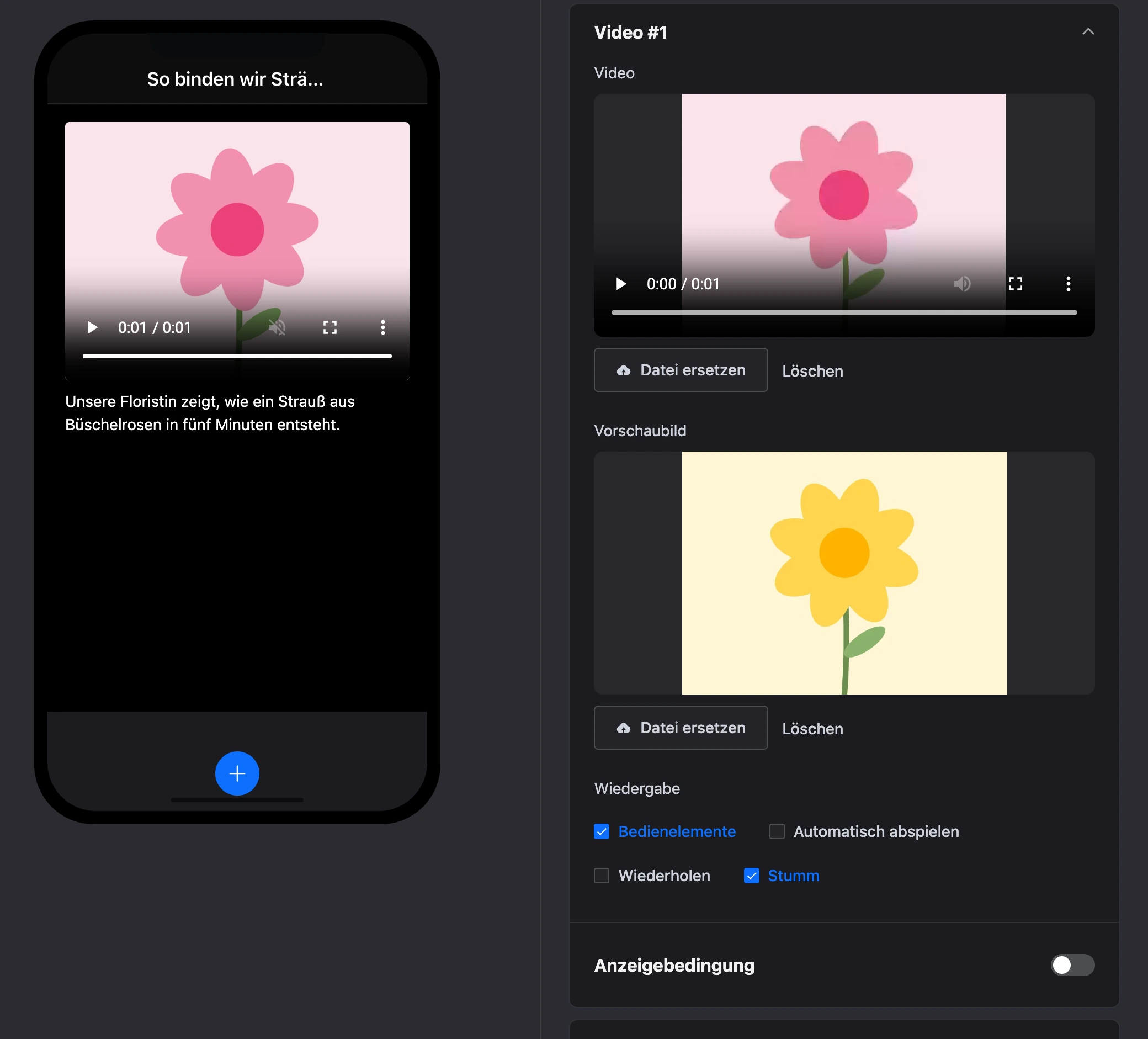 Element „Video“: Player mit Vorschaubild auf dem Bildschirm und Einstellungen des Elements