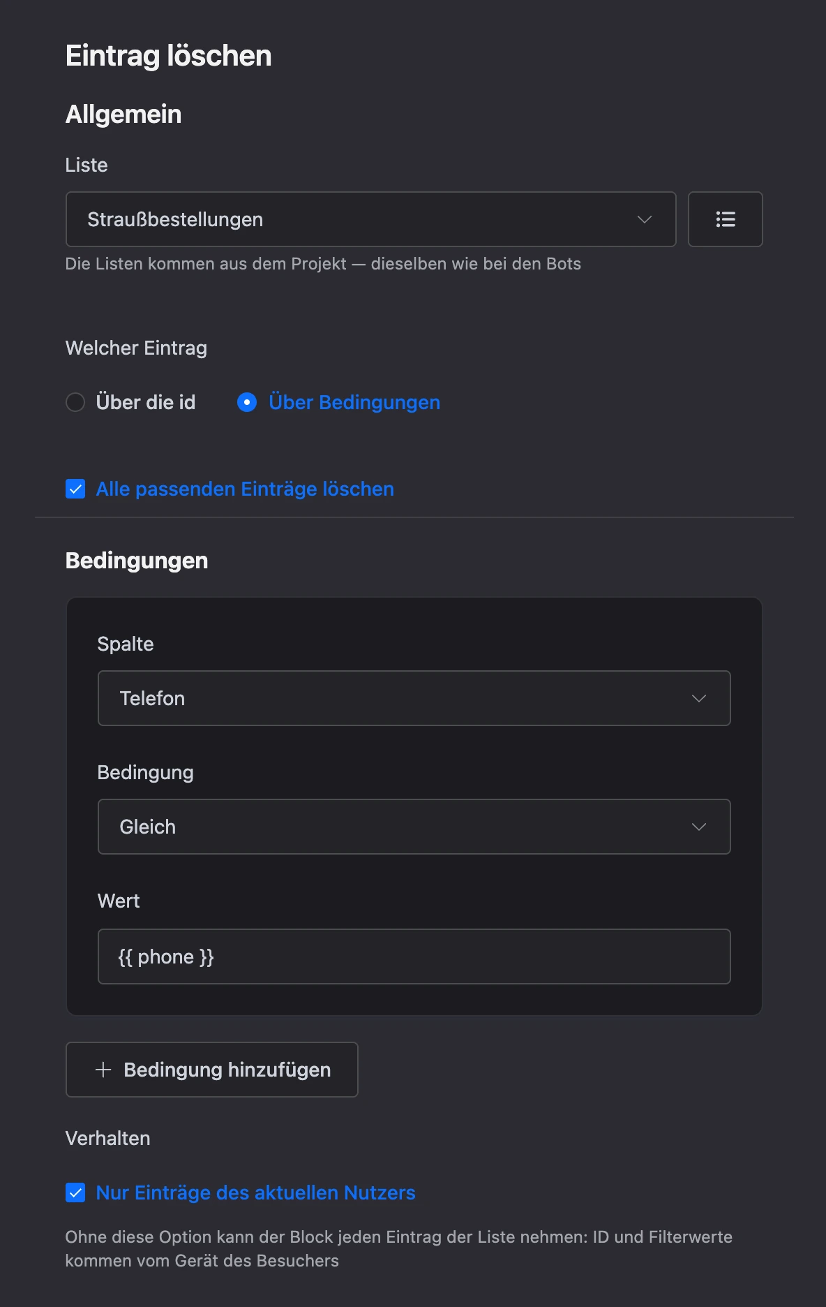 Block „Eintrag löschen“: alle passenden Einträge nach einer Bedingung auf die Spalte „Telefon“ löschen