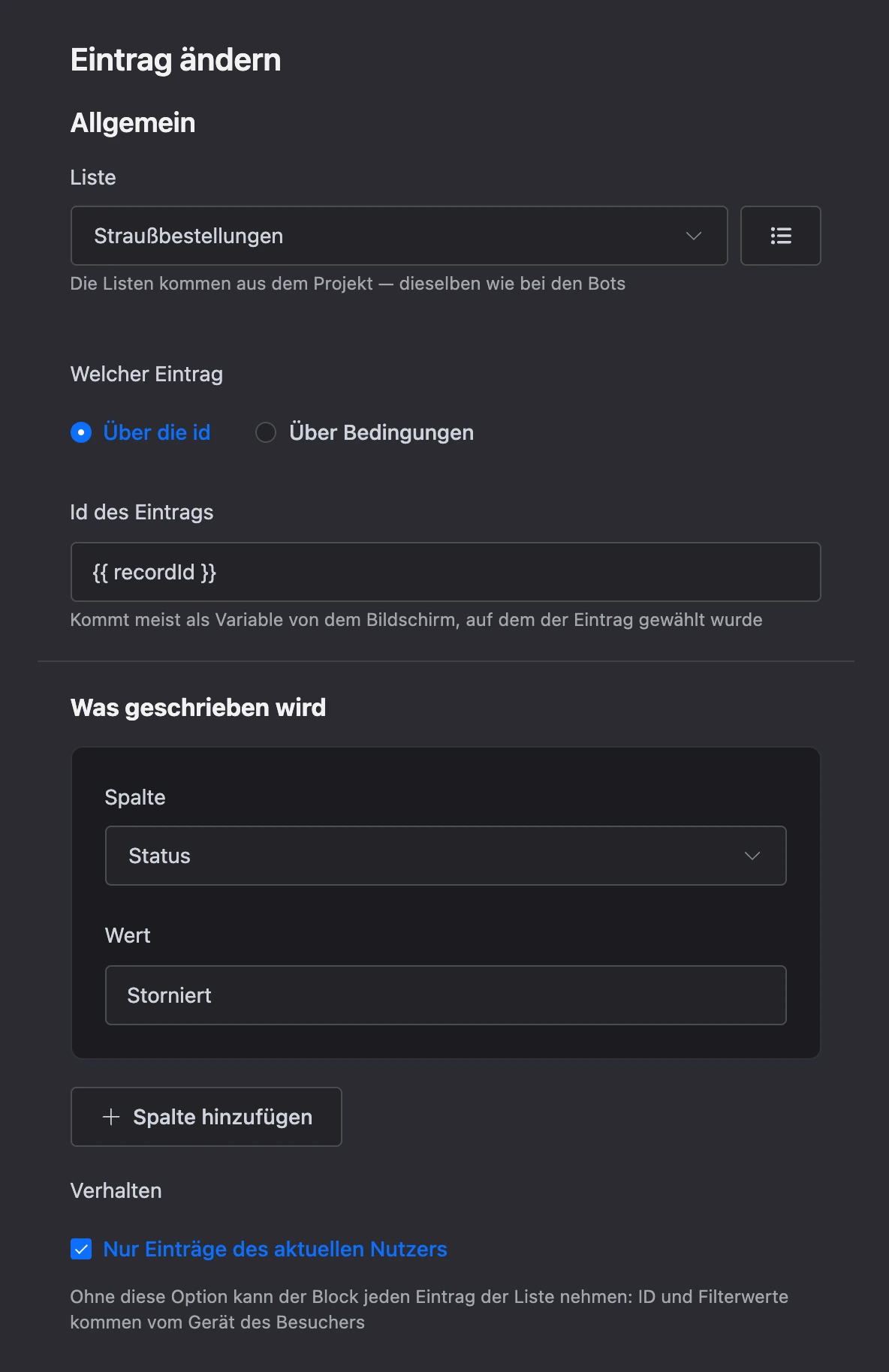 Block „Eintrag ändern“: Eintrag über die id, Spalte „Status“ und Wert