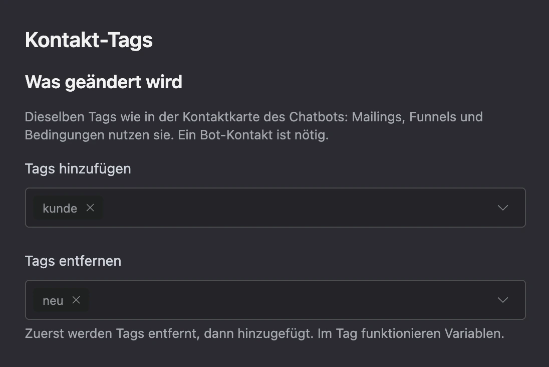 Block „Kontakt-Tags“: „kunde“ hinzufügen, „neu“ entfernen