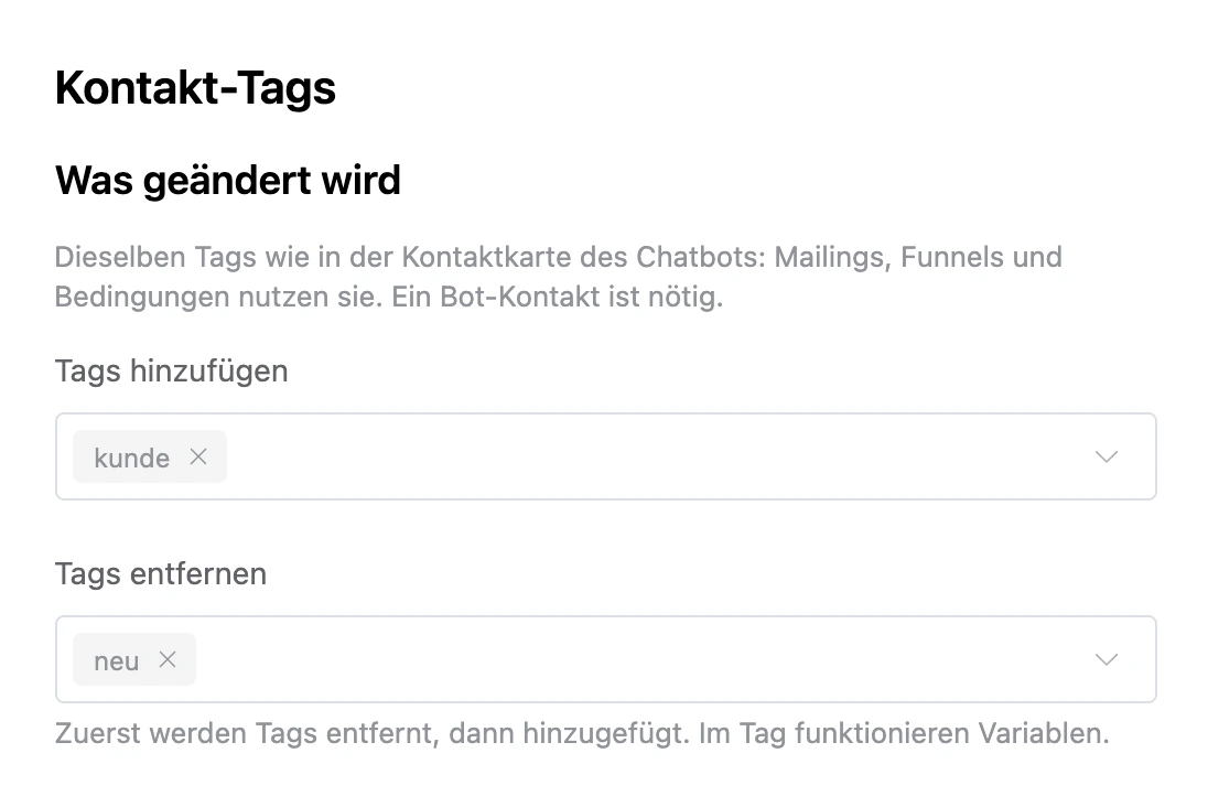 Block „Kontakt-Tags“: „kunde“ hinzufügen, „neu“ entfernen