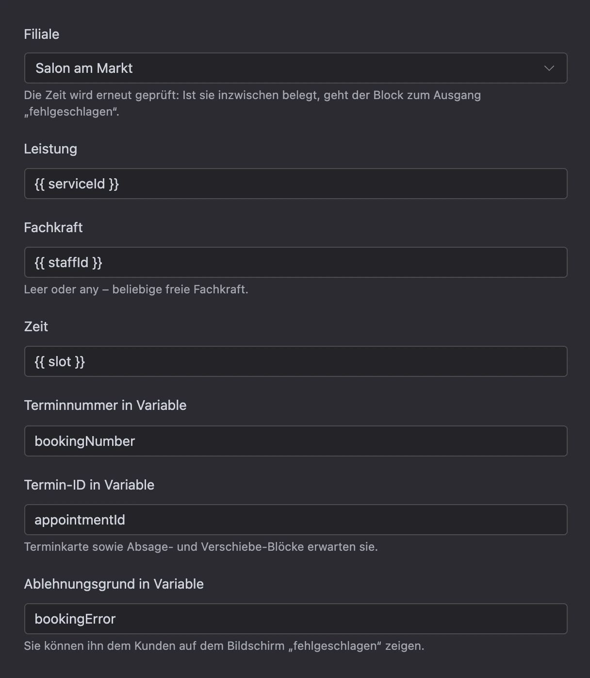 Block „Termin buchen“: Filiale, Leistung, Fachkraft, Zeit und Variablen