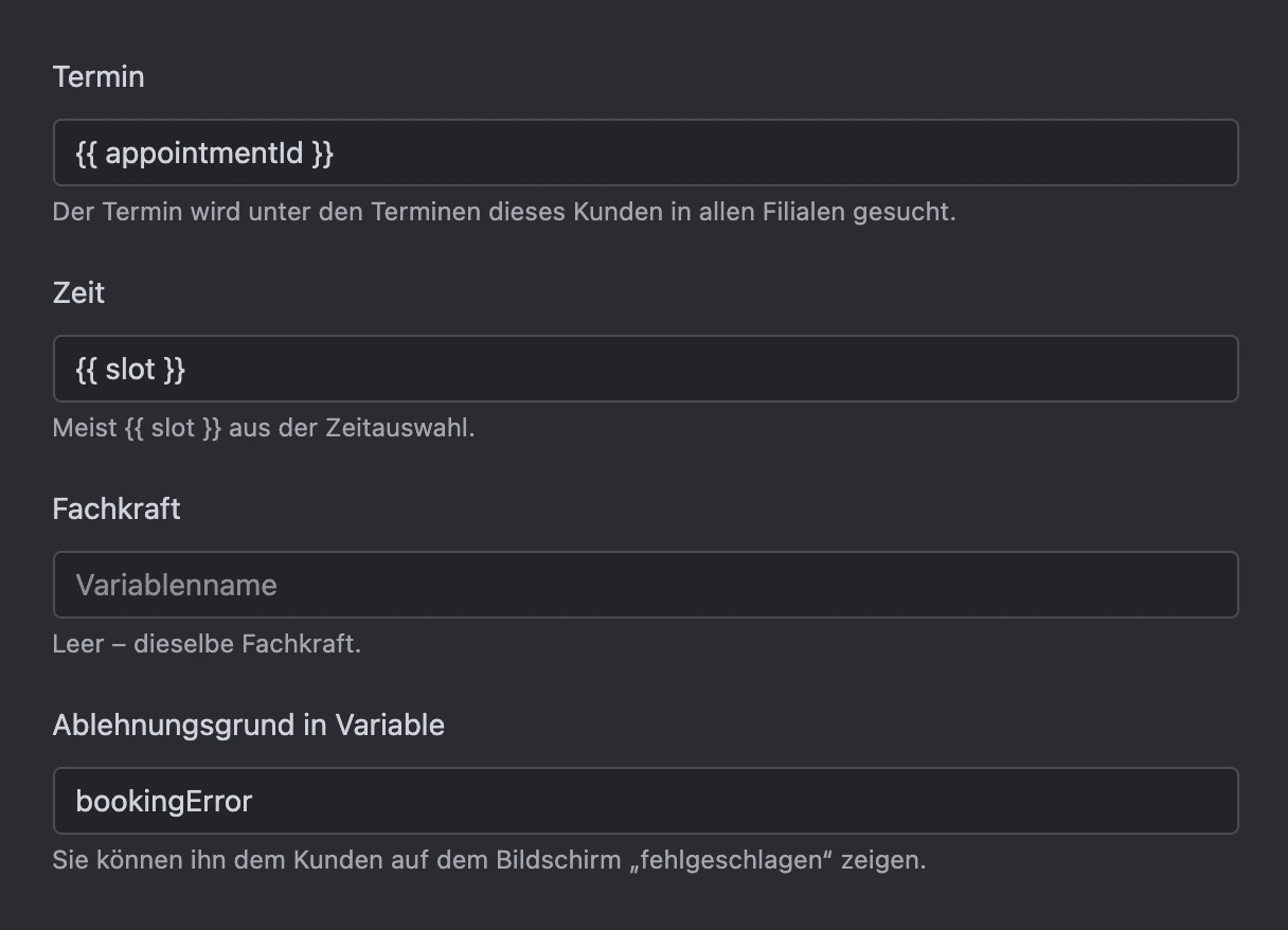 Block „Termin verschieben“: Termin, Zeit und Fachkraft
