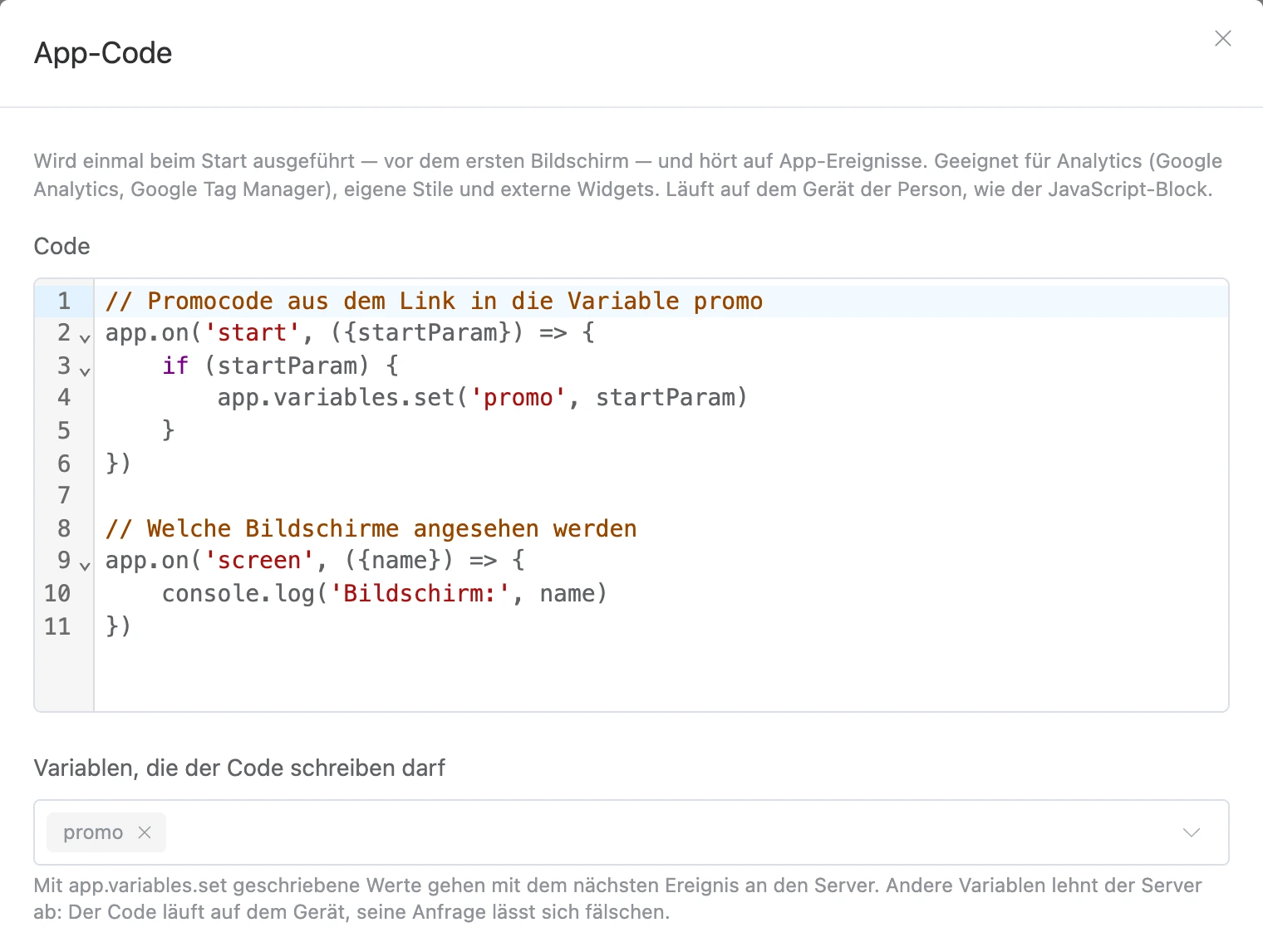 Fenster „App-Code“