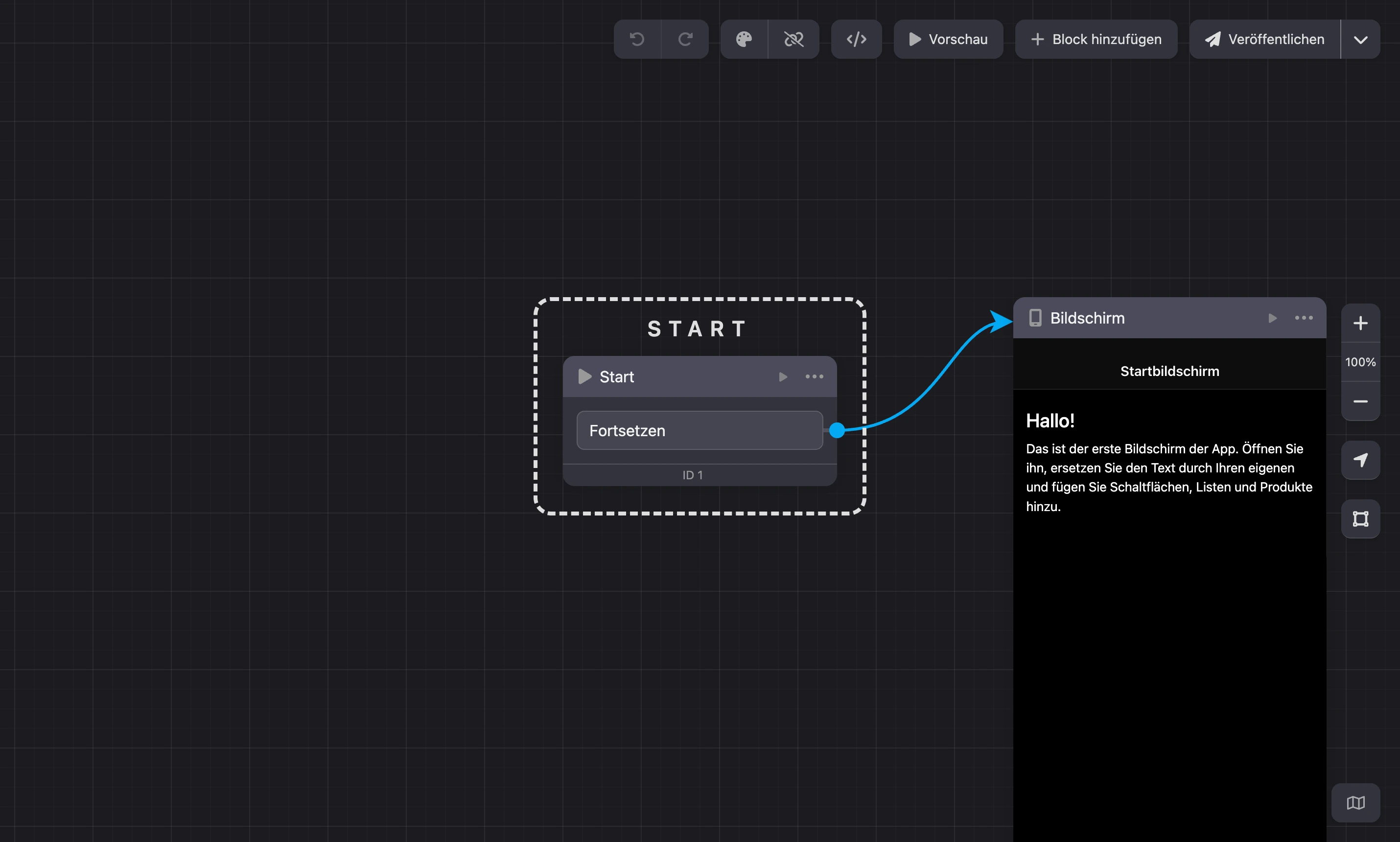 Schema der Mini-App: Start-Block und erster Bildschirm