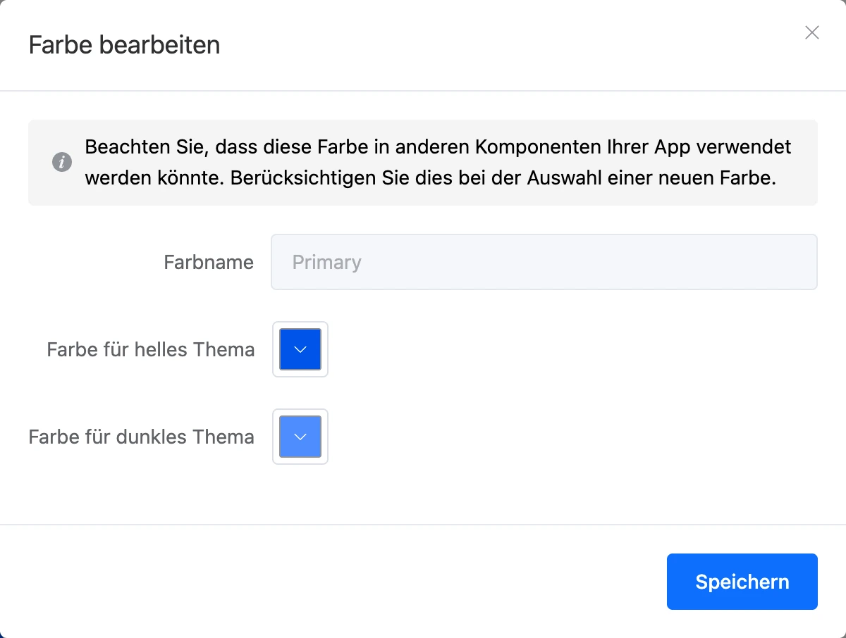 Palettenfarbe bearbeiten: Werte für helles und dunkles Design
