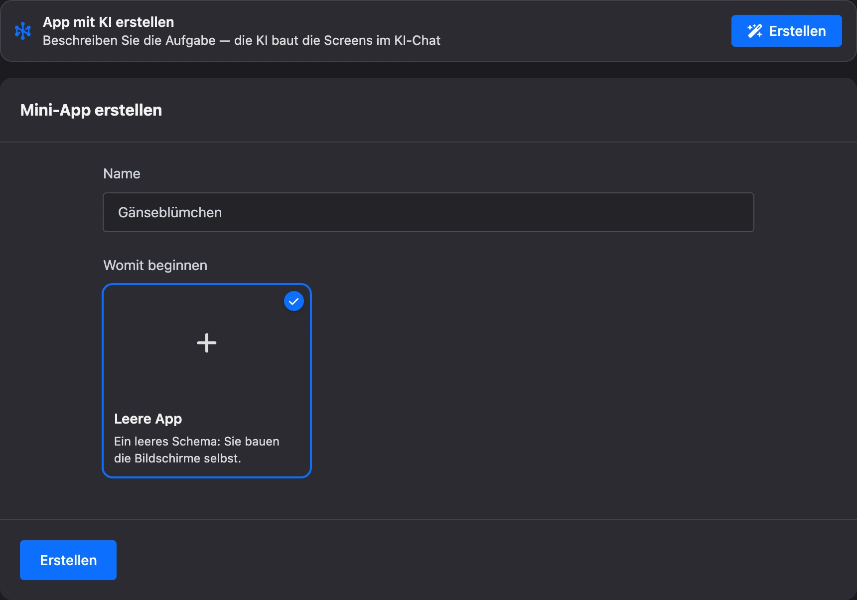 Formular zum Erstellen einer Mini-App: Block „App mit KI erstellen“, Name und Vorlagen