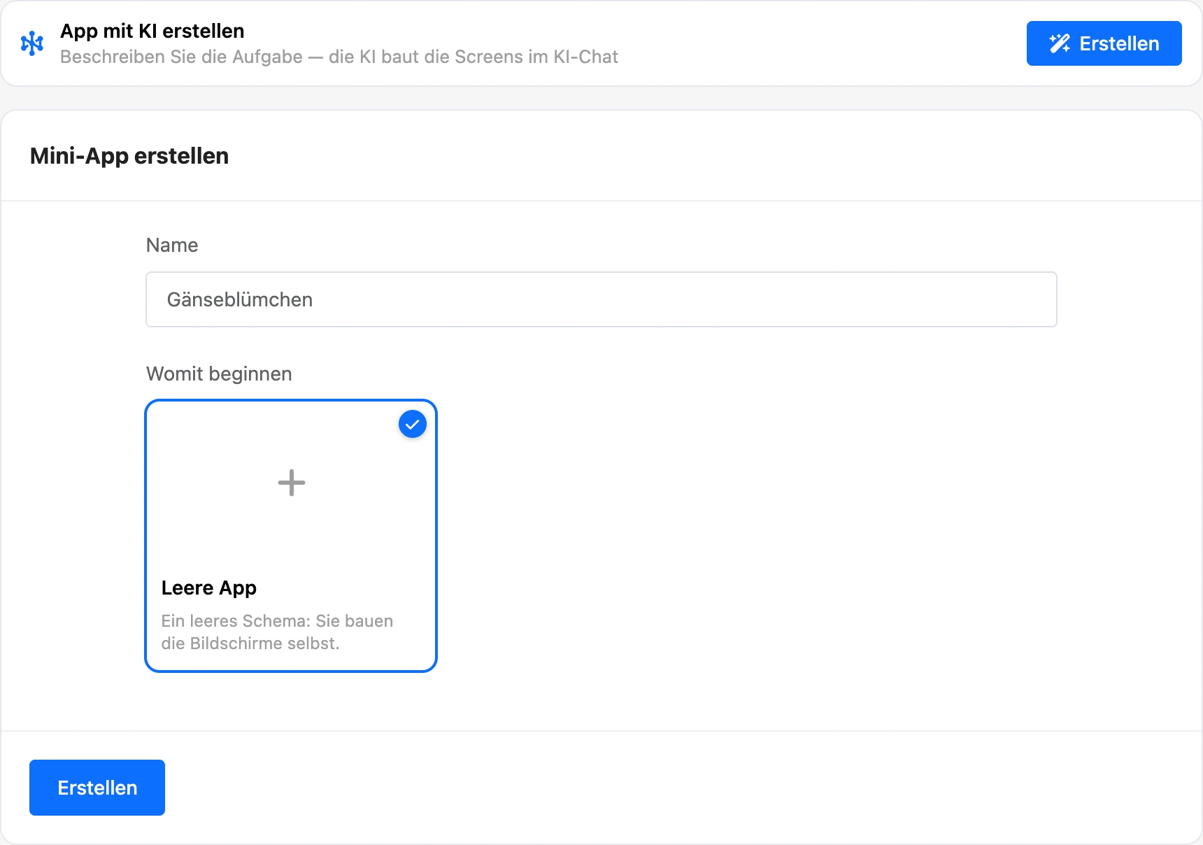 Formular zum Erstellen einer Mini-App: Block „App mit KI erstellen“, Name und Vorlagen