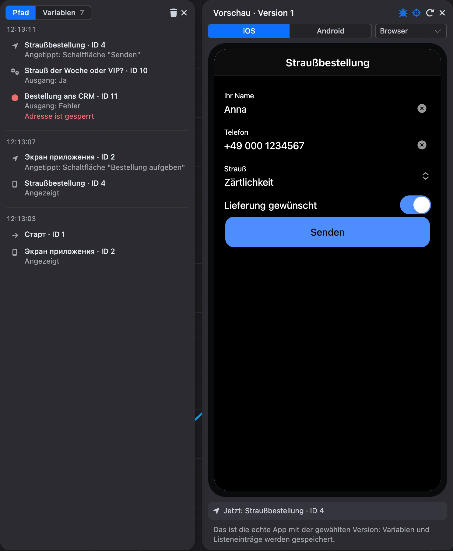 Debugging: der Szenarioweg neben der Vorschau
